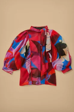 FARM Rio WATERCOLOR FLORAL BLUE LONG SLEEVE BLOUSE