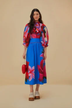 FARM Rio WATERCOLOR FLORAL BLUE MIDI SKIRT