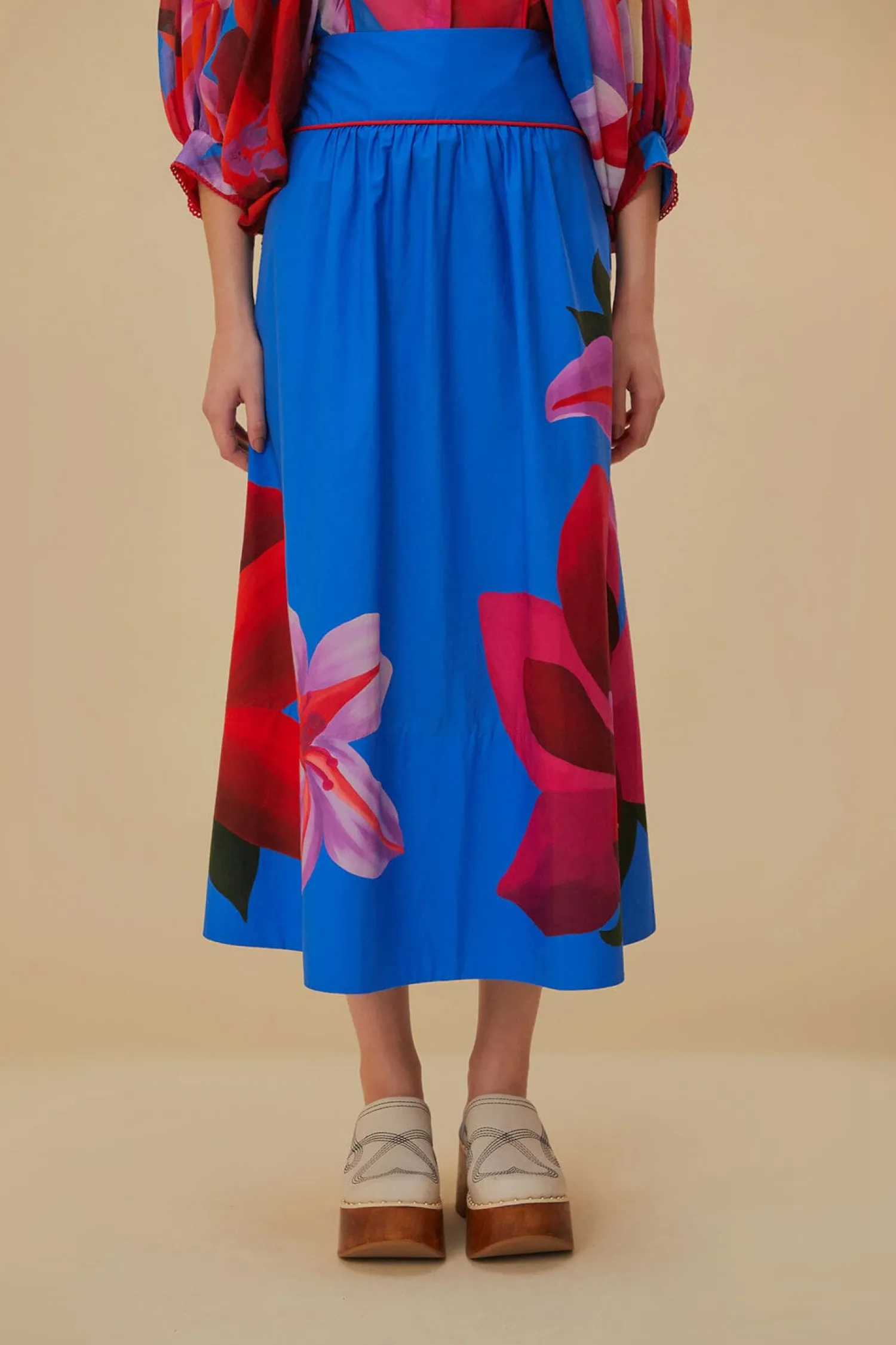 FARM Rio WATERCOLOR FLORAL BLUE MIDI SKIRT