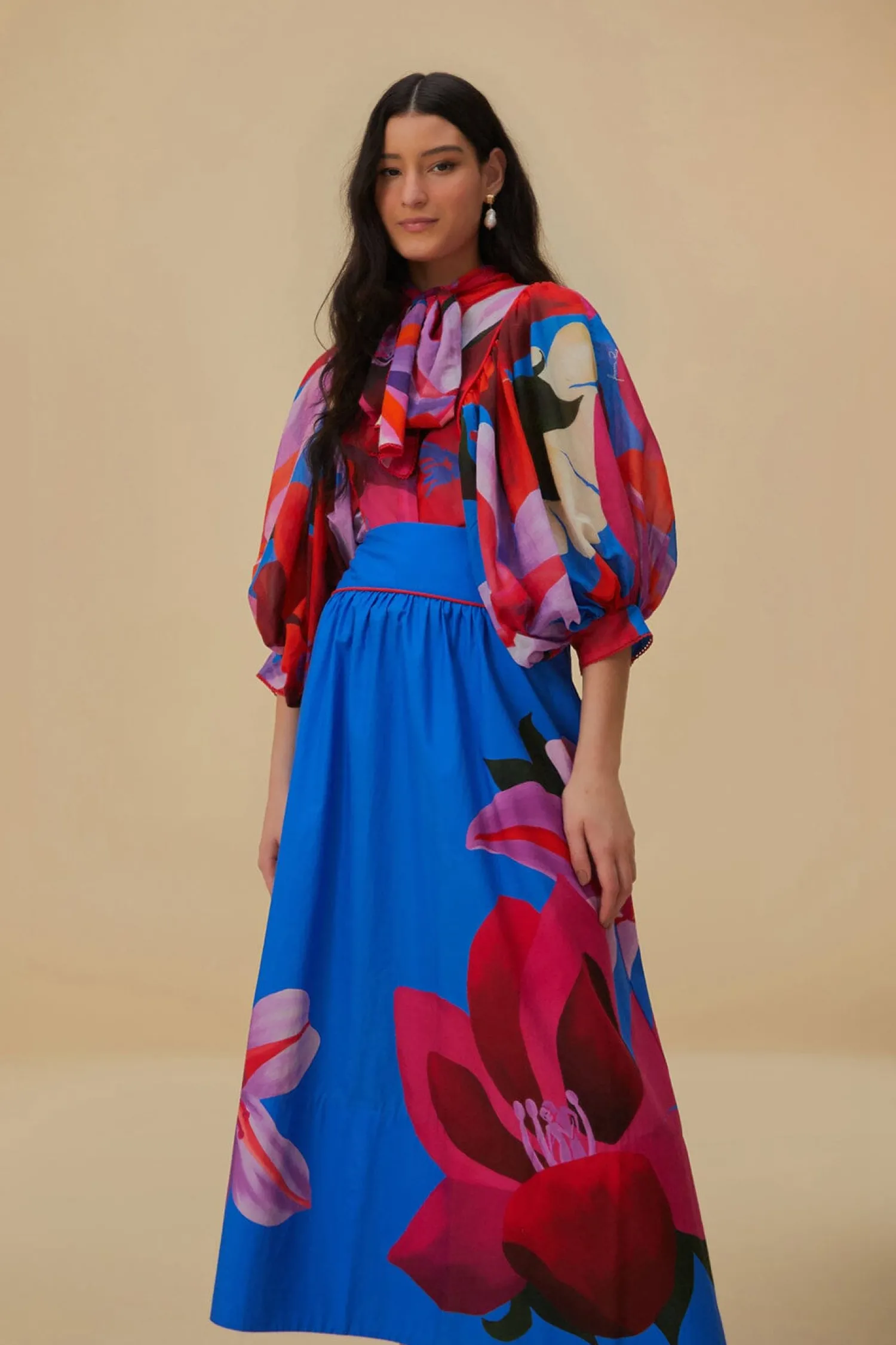 FARM Rio WATERCOLOR FLORAL BLUE MIDI SKIRT