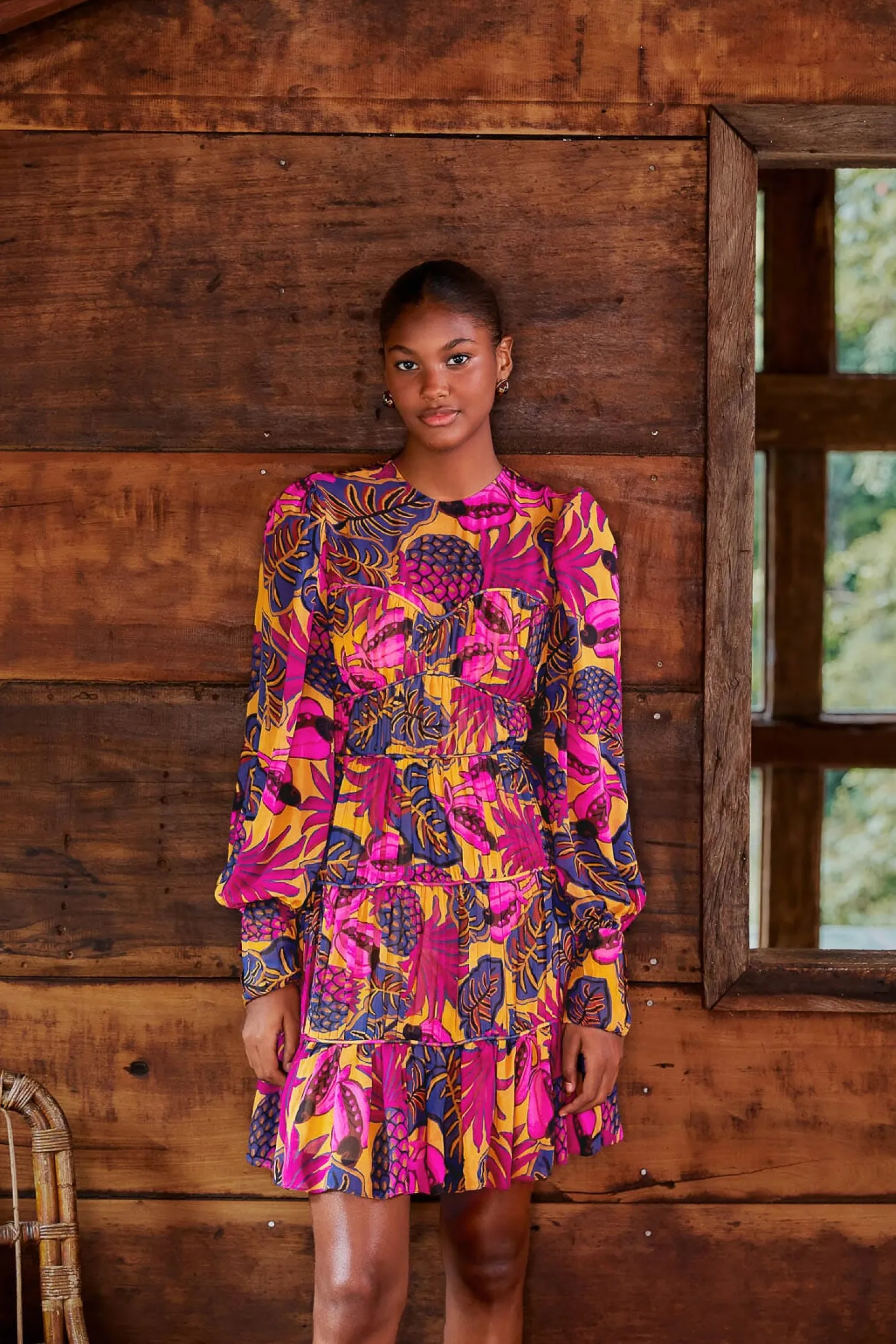 FARM Rio YELLOW FRUIT DREAM LONG SLEEVE MINI DRESS