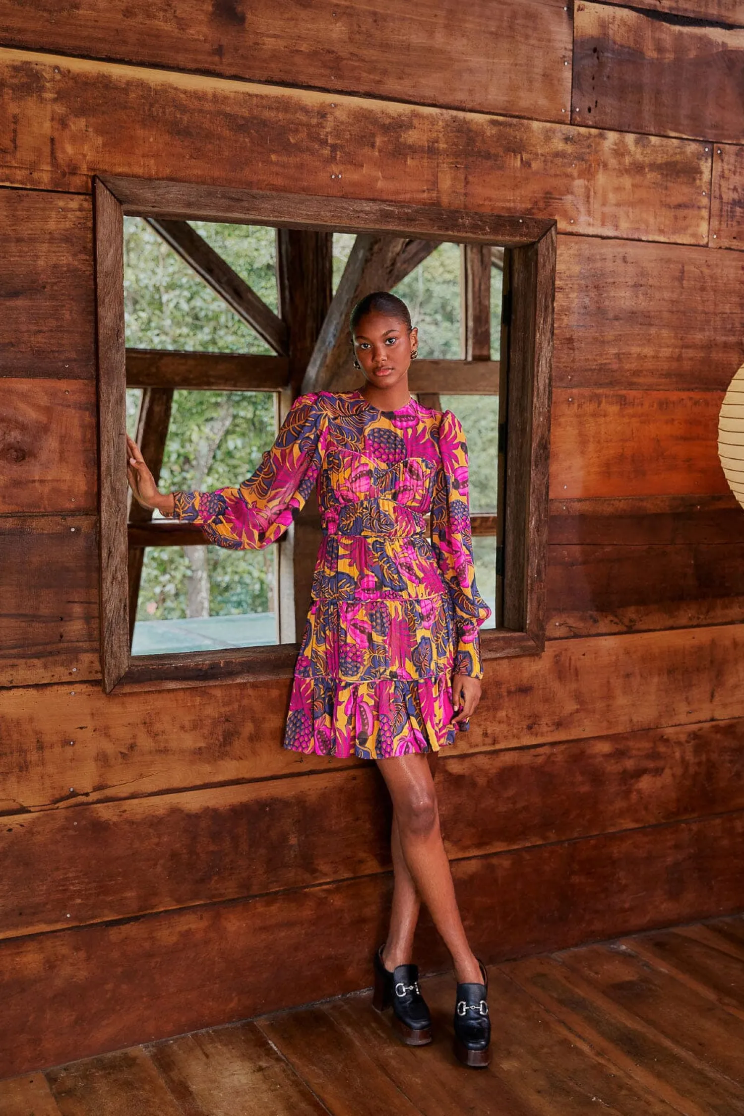 FARM Rio YELLOW FRUIT DREAM LONG SLEEVE MINI DRESS