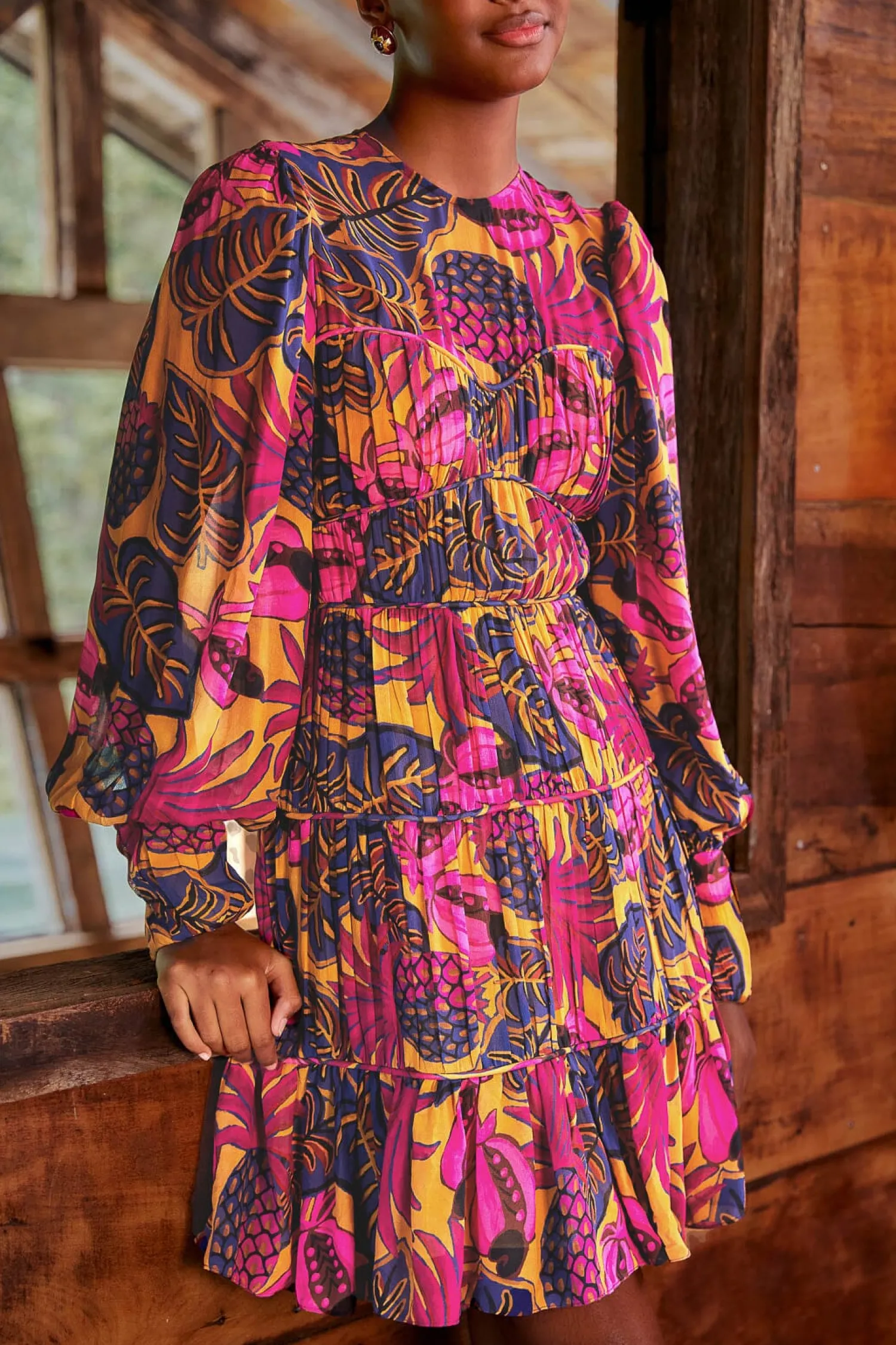 FARM Rio YELLOW FRUIT DREAM LONG SLEEVE MINI DRESS