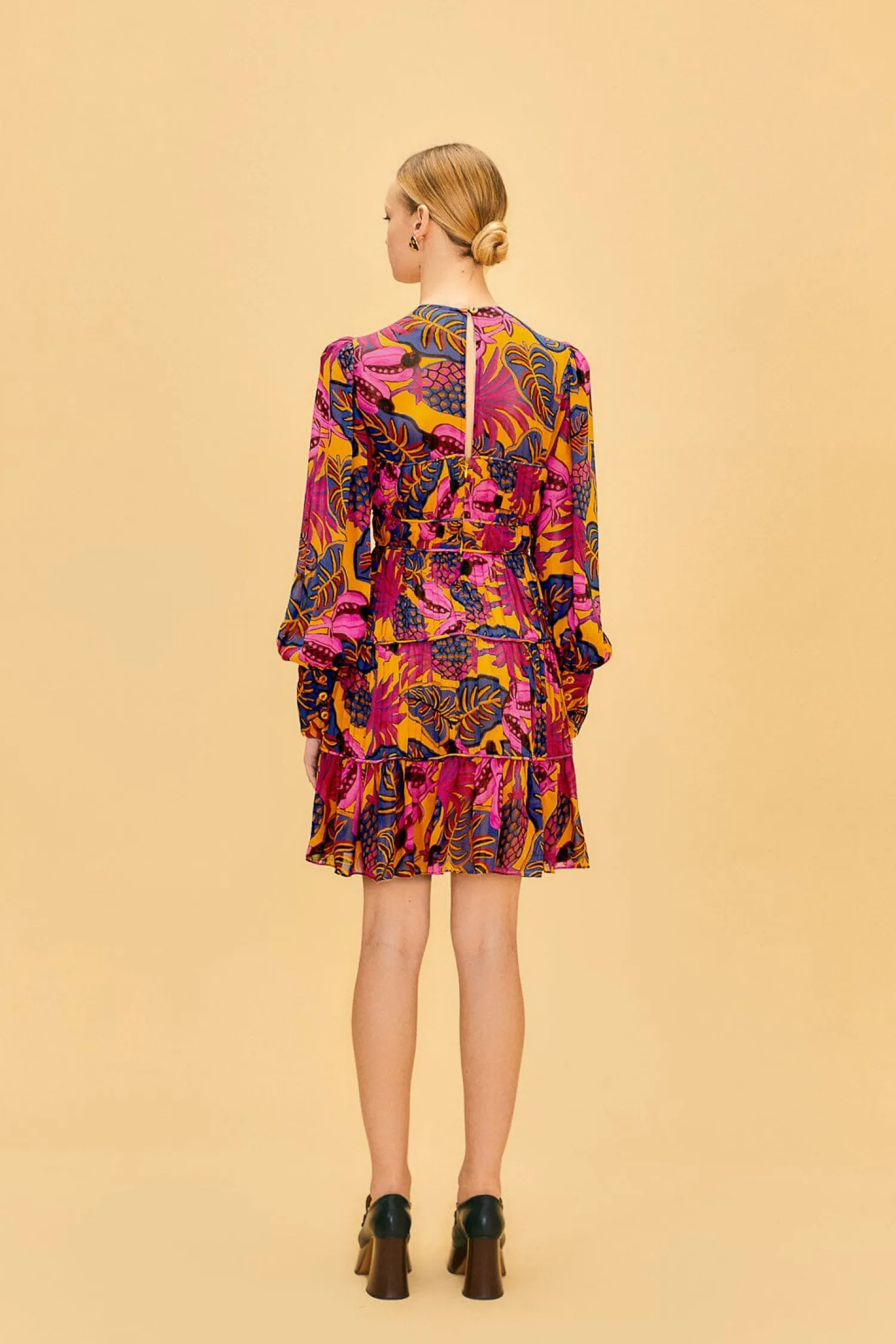FARM Rio YELLOW FRUIT DREAM LONG SLEEVE MINI DRESS