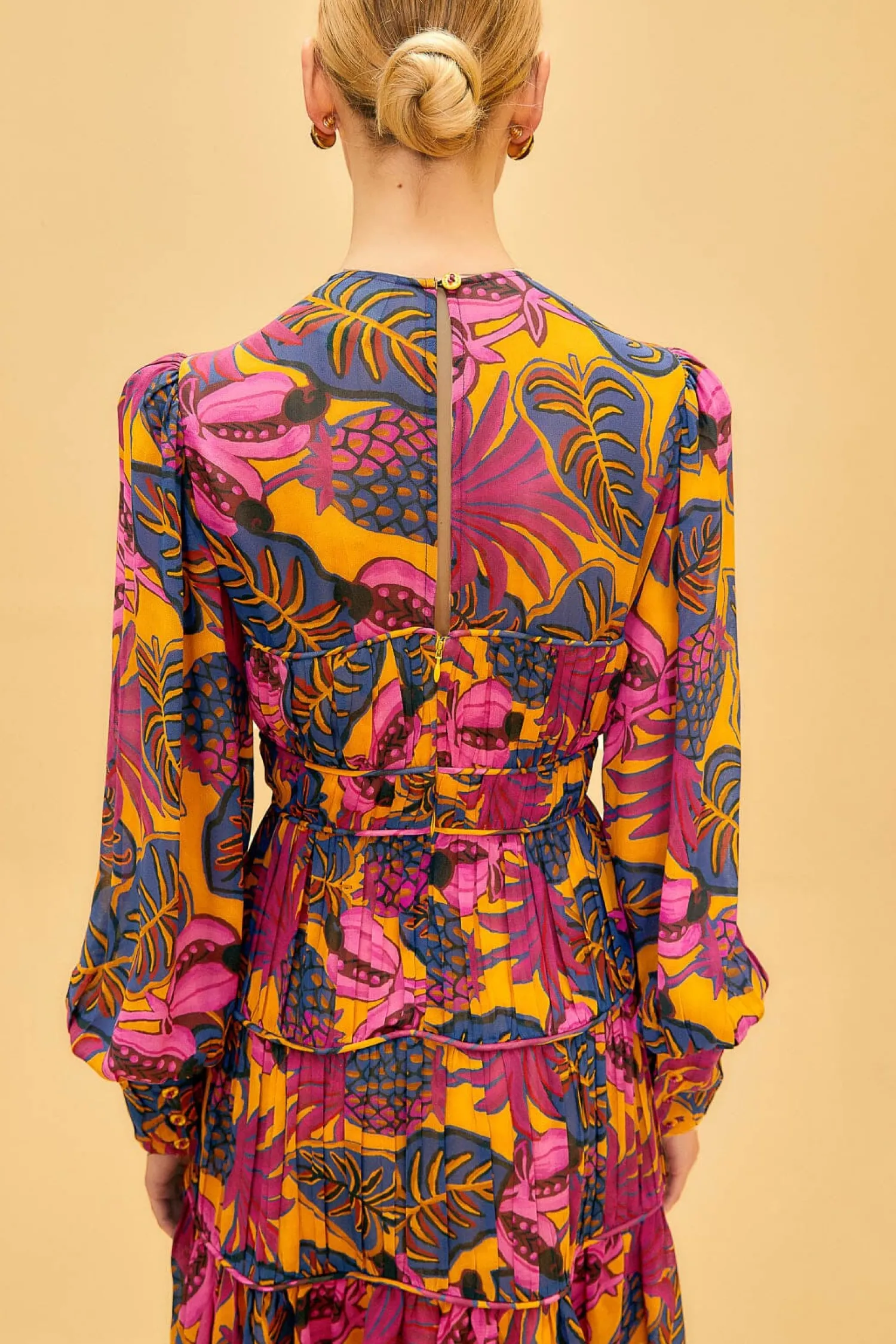 FARM Rio YELLOW FRUIT DREAM LONG SLEEVE MINI DRESS