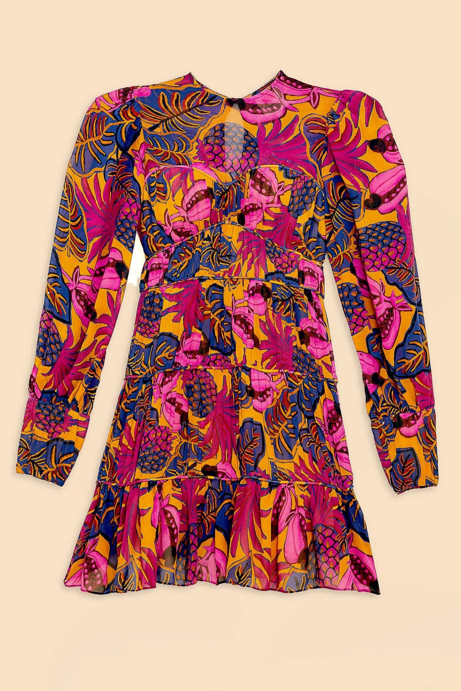 FARM Rio YELLOW FRUIT DREAM LONG SLEEVE MINI DRESS