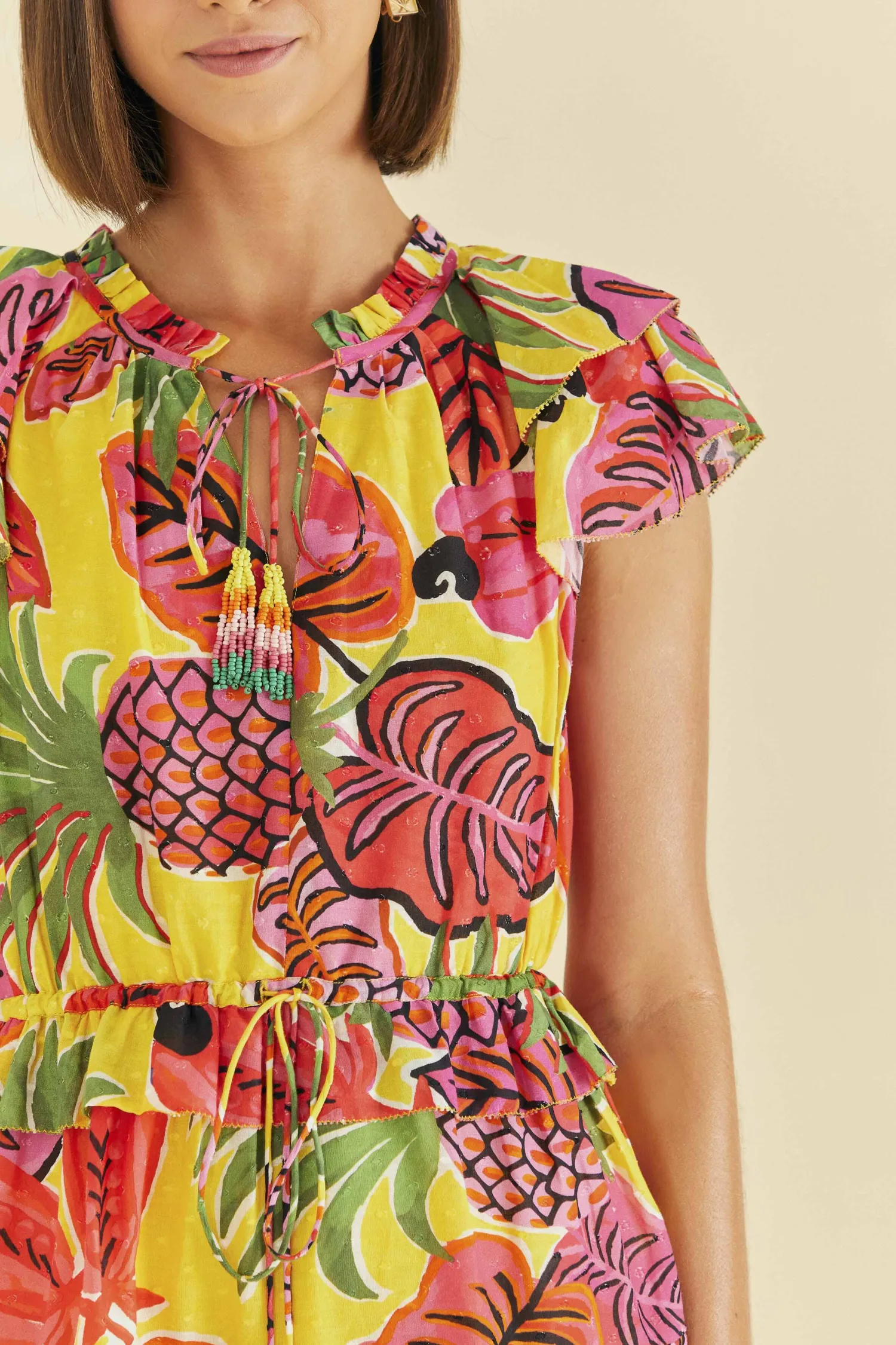FARM Rio YELLOW FRUIT DREAM RUFFLE MINI DRESS