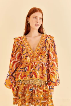 FARM Rio YELLOW PALMS PARTY RUFFLE BLOUSE