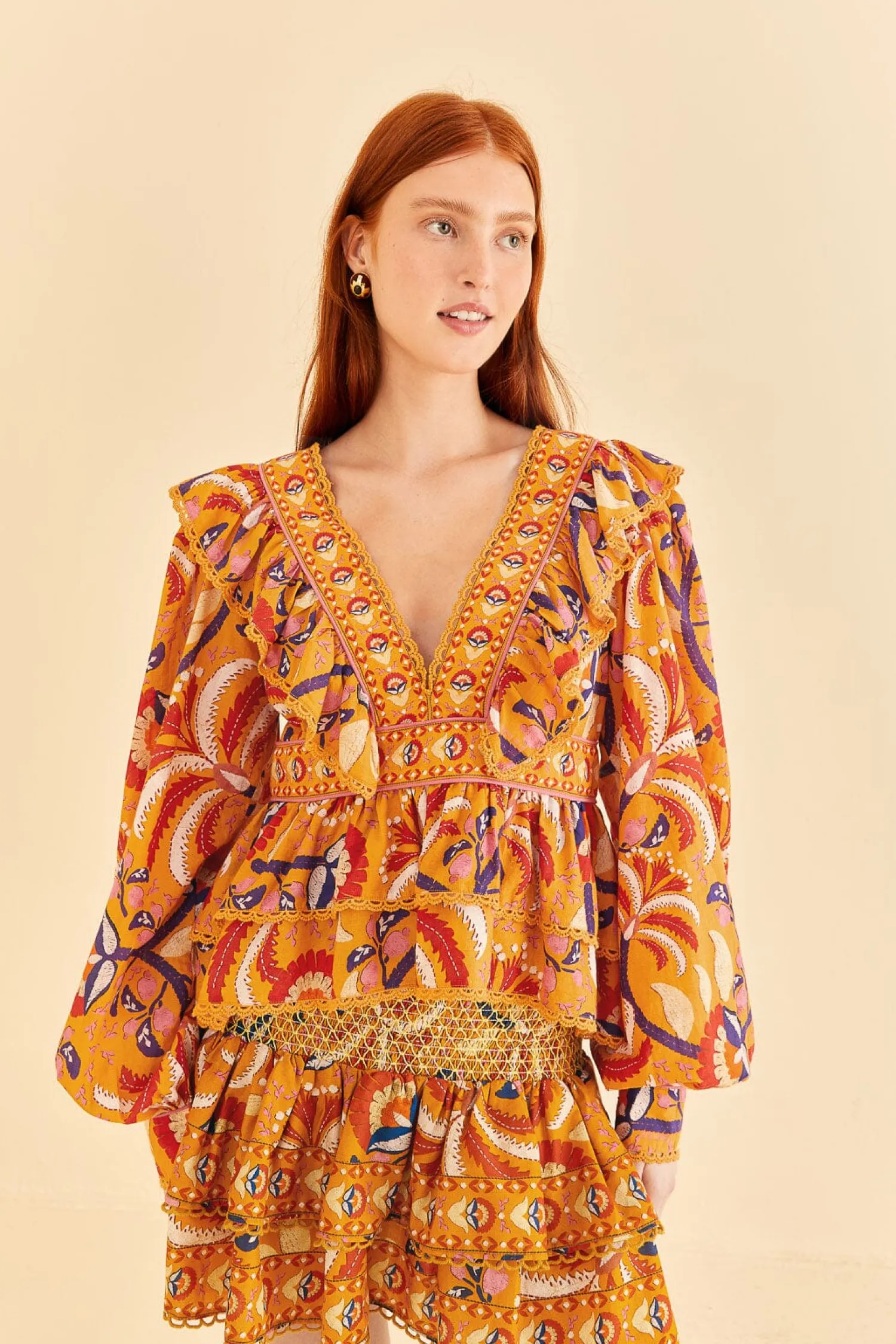 FARM Rio YELLOW PALMS PARTY RUFFLE BLOUSE
