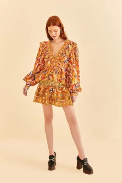 FARM Rio  YELLOW PALMS PARTY RUFFLE BLOUSE