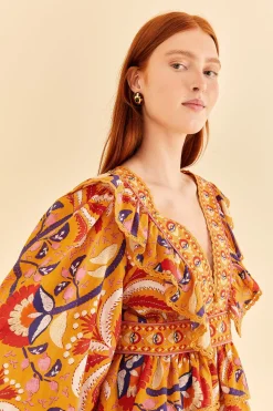 FARM Rio YELLOW PALMS PARTY RUFFLE BLOUSE