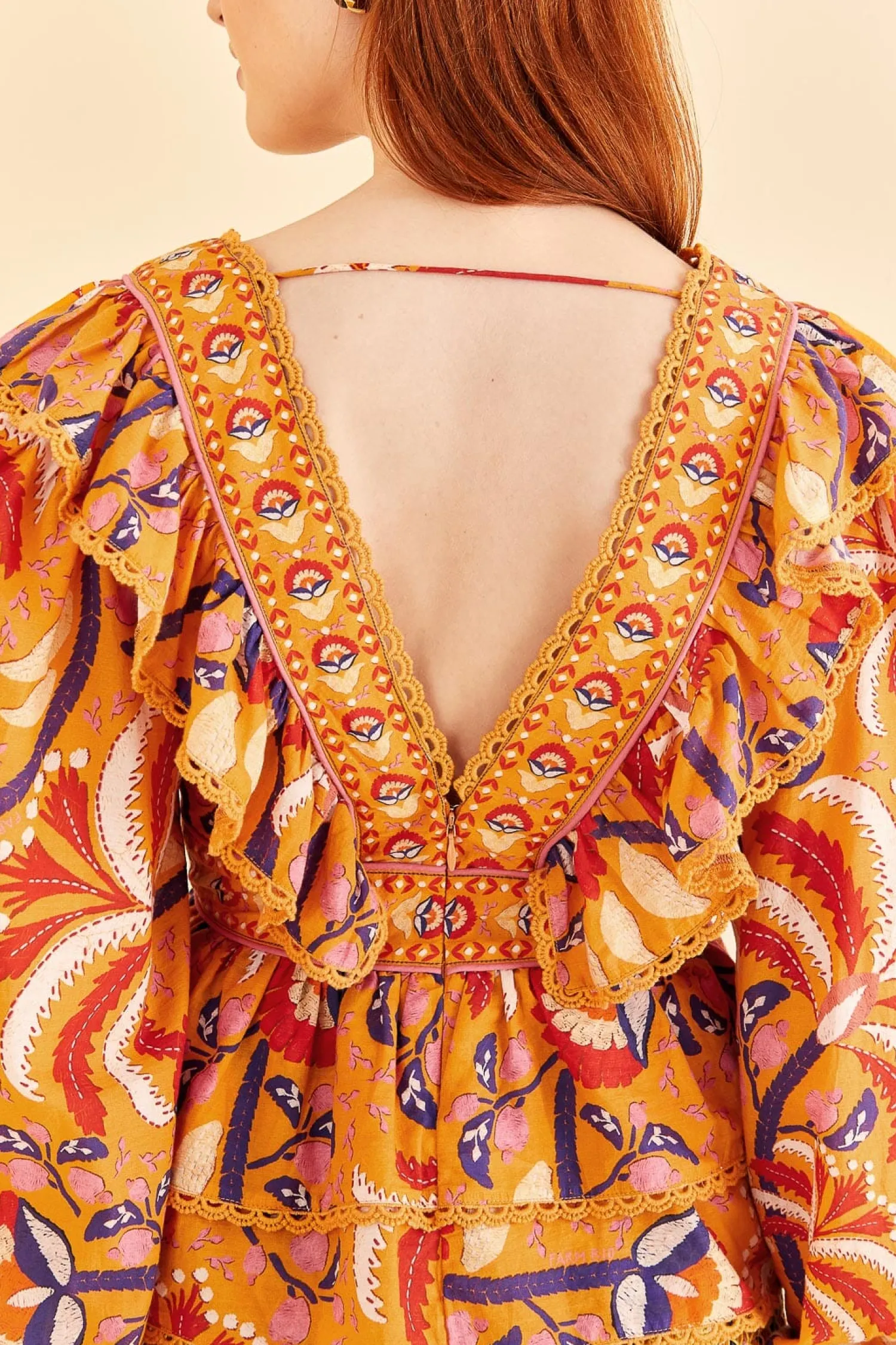 FARM Rio YELLOW PALMS PARTY RUFFLE BLOUSE