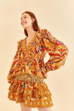FARM Rio  YELLOW PALMS PARTY SMOCKED MINI SKIRT